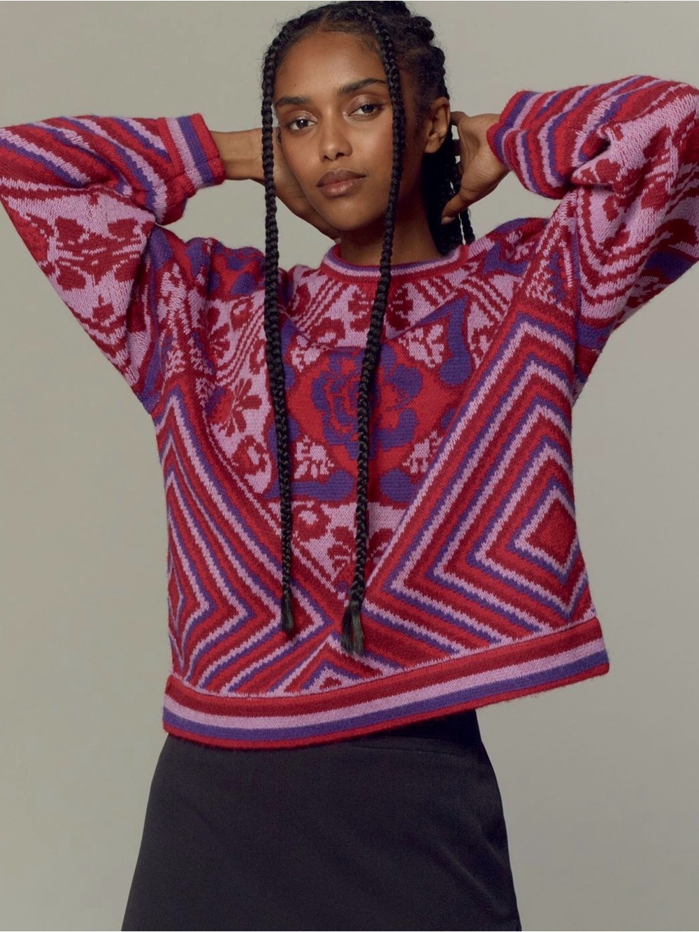 Farm Rio Women's Red & Pink Geometric Floral Crewneck Sweater - Casual Knit